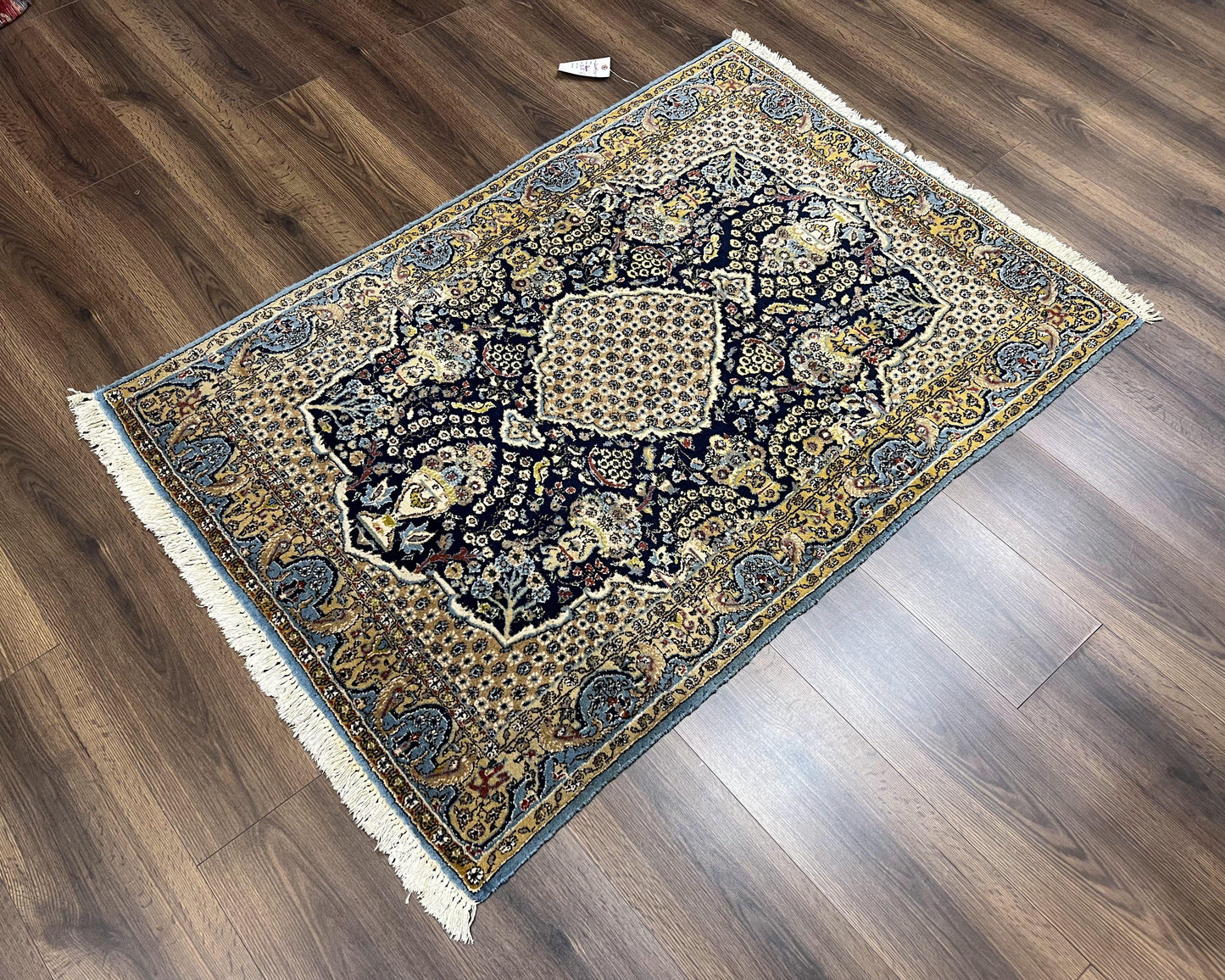 Fine Persian Qum Rug 3x5, Semi Antique Vintage Oriental Ghom Carpet, Floral Medallion, Highly Detailed, Hand Knotted, Navy Blue, Wool Area Rug, Birds