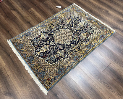 Fine Persian Qum Rug 3x5, Semi Antique Vintage Oriental Ghom Carpet, Floral Medallion, Highly Detailed, Hand Knotted, Navy Blue, Wool Area Rug, Birds