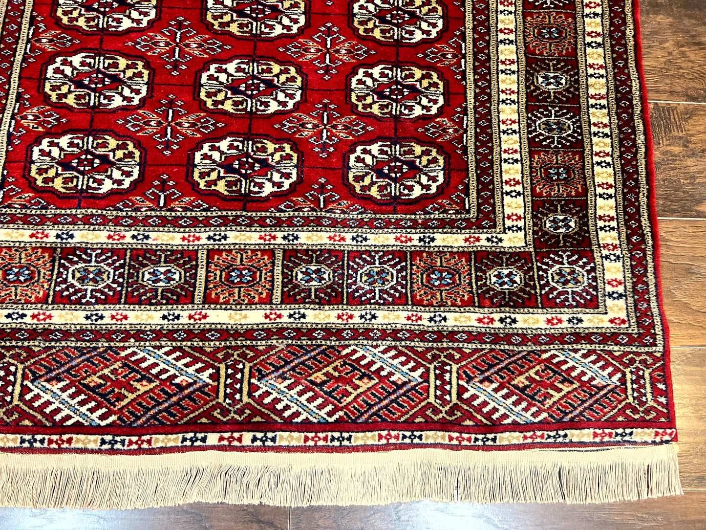 Pakistani Bokhara Rug 4x6, Red Turkoman Carpet, Finely Hand Knotted, Wool Vintage Rug