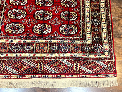Pakistani Bokhara Rug 4x6, Red Turkoman Carpet, Finely Hand Knotted, Wool Vintage Rug