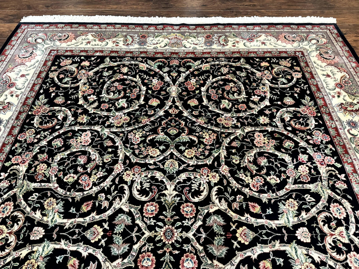 Black Pak Persian Rug 8x11 Hand Knotted Wool Silk Highlights Floral Vintage 200 KPSI