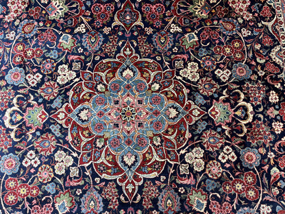 Navy Blue Persian Kashan Rug 9x12 Antique Carpet Wool 200 KPSI