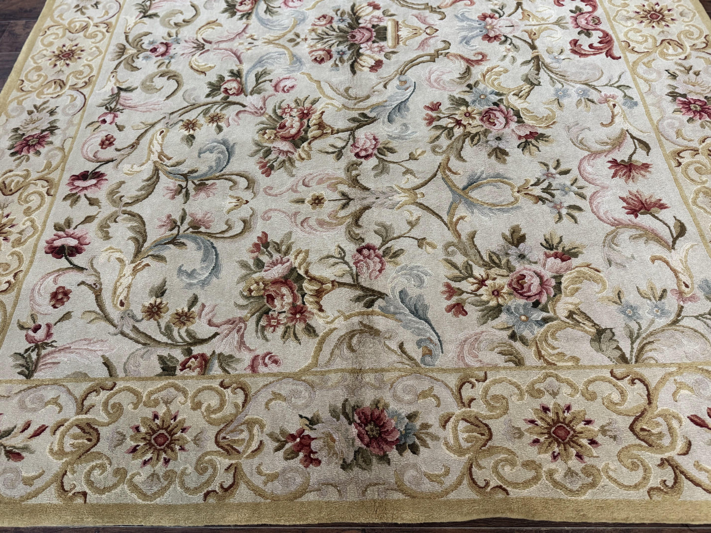 Aubusson Rug 8x10 Vintage Handmade Wool Carpet Floral Design