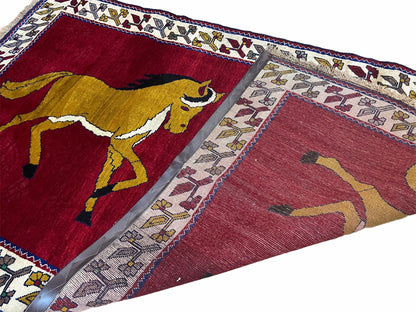 Handmade Hand Knotted Wool Rug Gabbeh 4x7 Horses Zagros Red Mustard Gold New