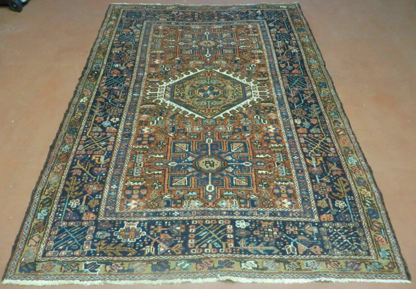 Persian Karajeh Rug 5x6 Antique Geometric Medallion Hand Knotted Wool Carpet