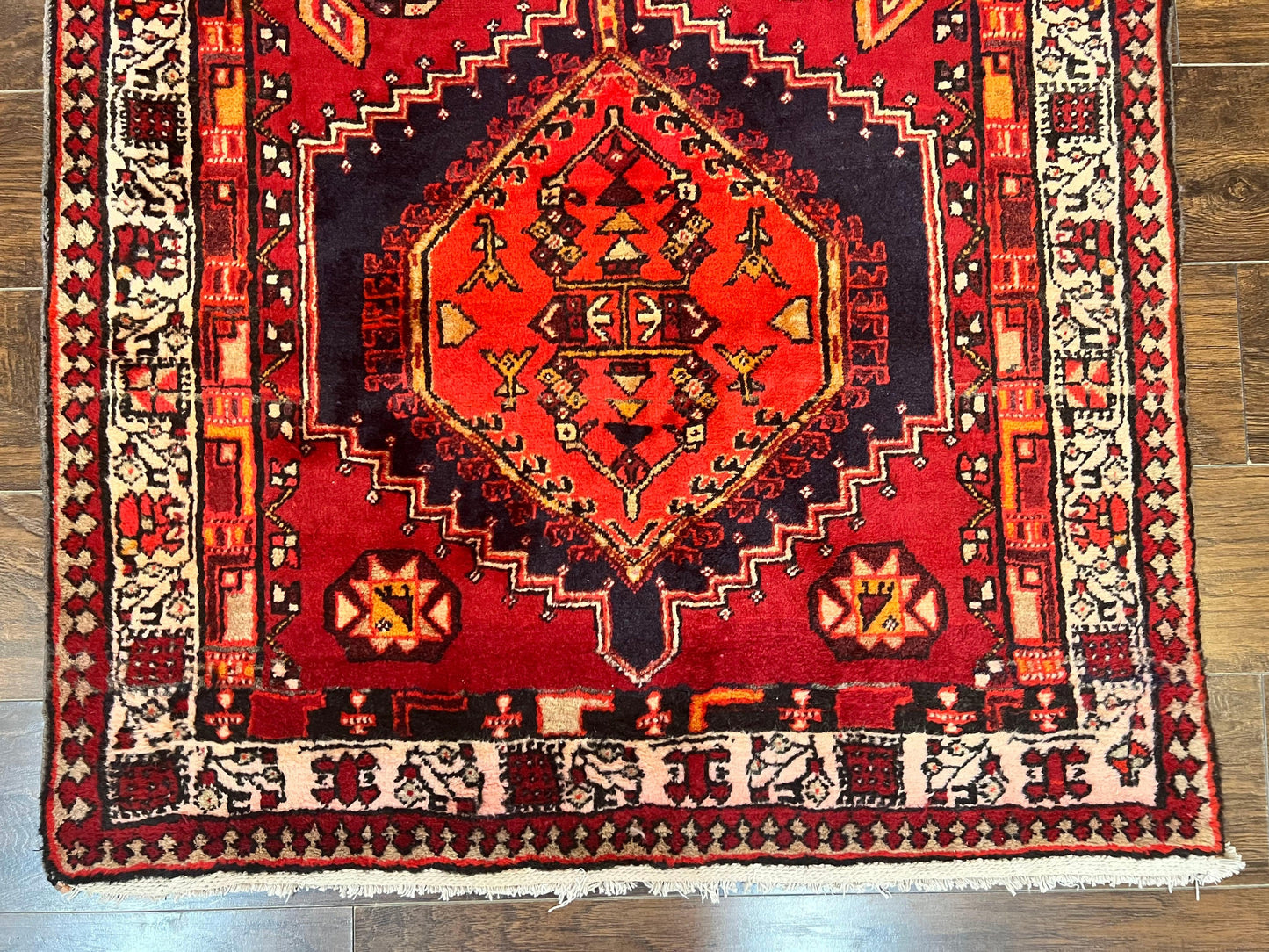 Persian Heriz Runner Rug 3.7 x 11, Persian Tribal Runner, Handmade Wool, Medallions, Geometric, Red, Antique Vintage Hand Knotted Rug