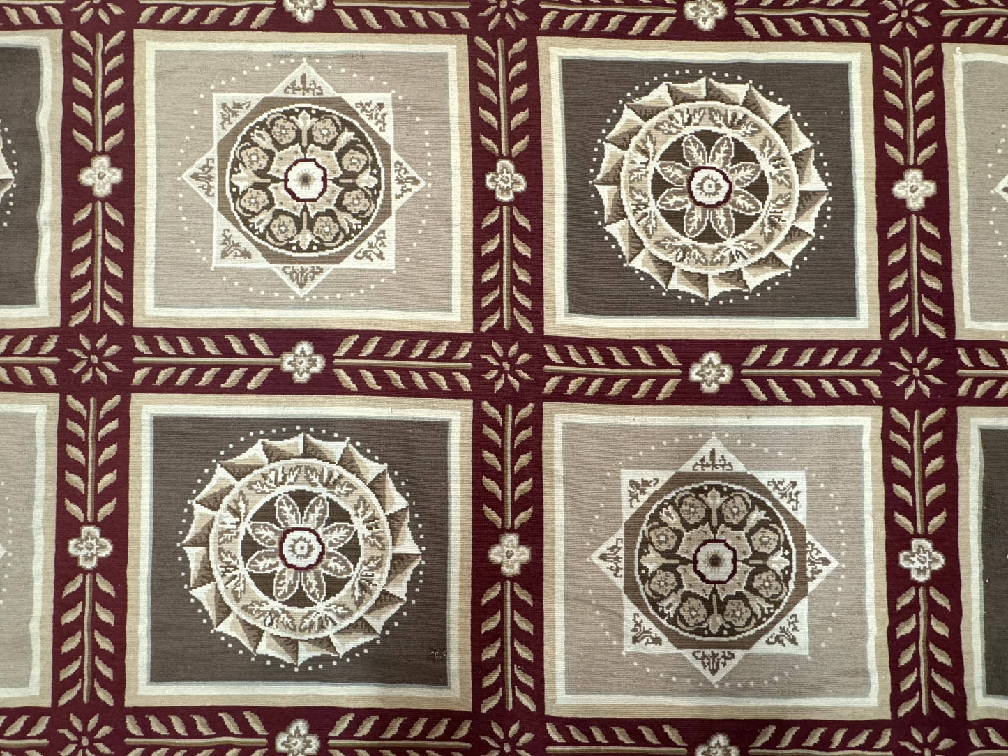 Needlepoint Rug 9x12, Panel Design, Burgundy Taupe, Elegant