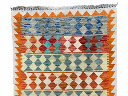 Small Chobi Kilim Rug 3x4 Colorful Diamond Kilim Small Turkish Multicolor Kilim with Diamond Pattern Wool Flatweave Nice