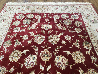 Vintage Traditional Oriental Area Rug, Hand-Knotted, Wool & Silk Accents, Maroon Red and Beige, 6x9 Carpet, 5' 9" x 9'