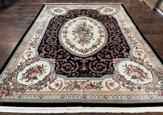 Aubusson Rug 8x10 Handmade Wool Pile Floral European Design