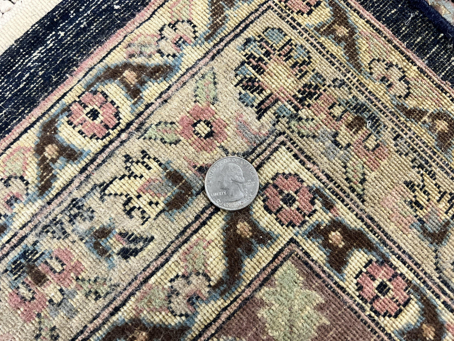 Sino Persian Rug 9x12 Navy Blue and Pink Hand Knotted Wool Silk Floral Vintage Oriental Carpet