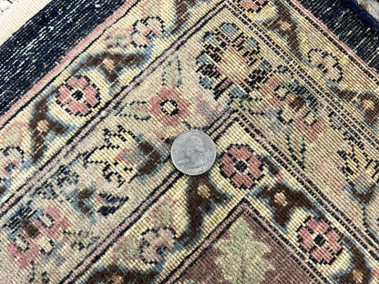 Sino Persian Rug 9x12 Navy Blue and Pink Hand Knotted Wool Silk Floral Vintage Oriental Carpet