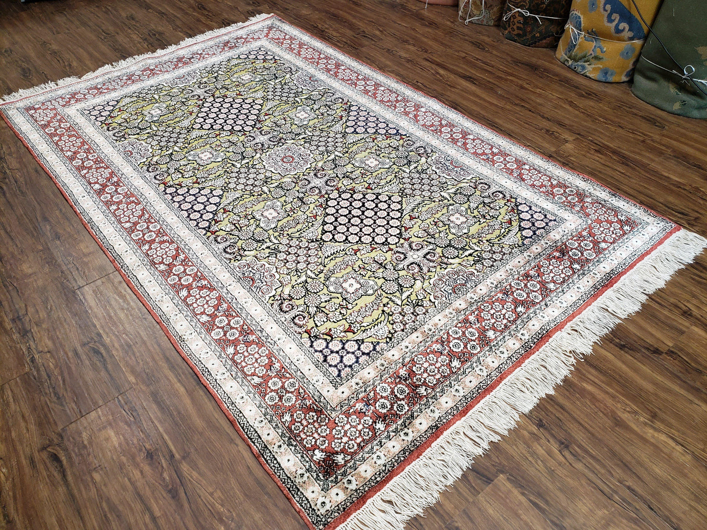 Kashmiri Silk Rug 5x8 Indian Handmade With Gold Threads Luxury Vintage Style