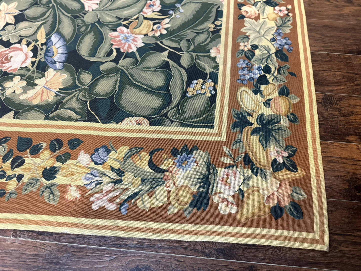 Needlepoint Rug 8x10, Vintage, Handmade, Wool, Green, Leaves & Fruits