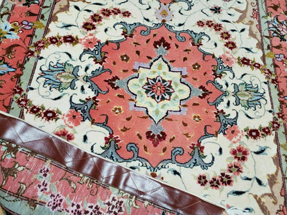 Vintage Persian Tabriz Wool Silk Rug Hand Knotted Medallion Ivory Salmon Light Blue