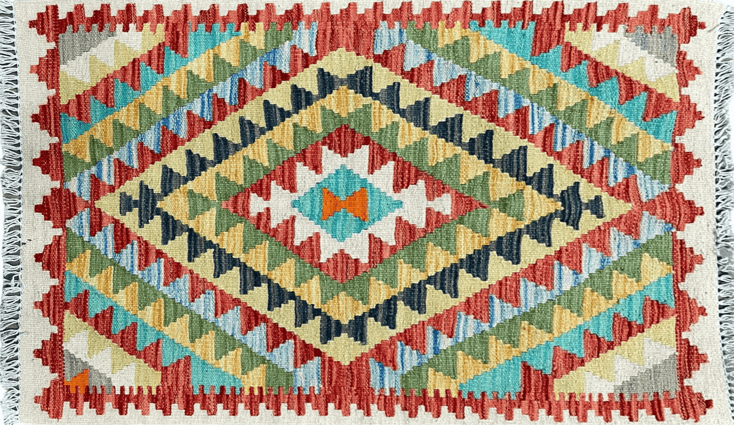Turkish Kilim Rug 2x3 Colorful Handwoven Wool Accent Rug Chobi Diamond Zigzag