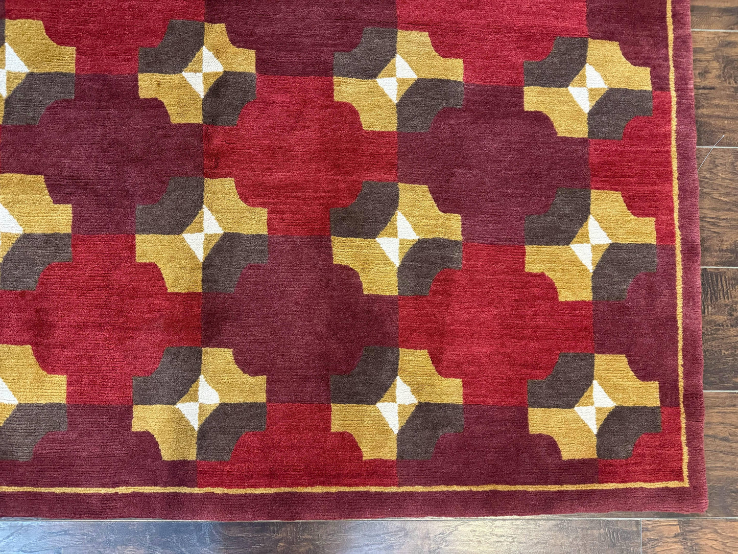 Modern Tibetan Rug 5 x 6.8, Wool, Red, Allover Pattern, Nepali Rug, Abstract Rug, Handmade Area Rug