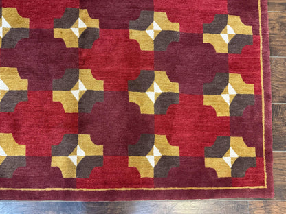 Modern Tibetan Rug 5 x 6.8, Wool, Red, Allover Pattern, Nepali Rug, Abstract Rug, Handmade Area Rug