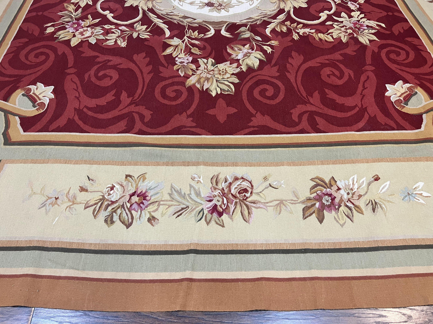 Large Aubusson Rug 10x14, Wool Handmade Vintage Carpet, Dark Red Ivory Tan, French European Elegant Aubusson Weave Rug