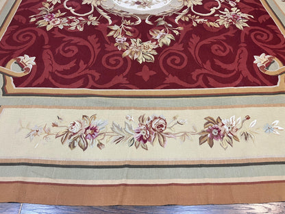 Large Aubusson Rug 10x14, Wool Handmade Vintage Carpet, Dark Red Ivory Tan, French European Elegant Aubusson Weave Rug