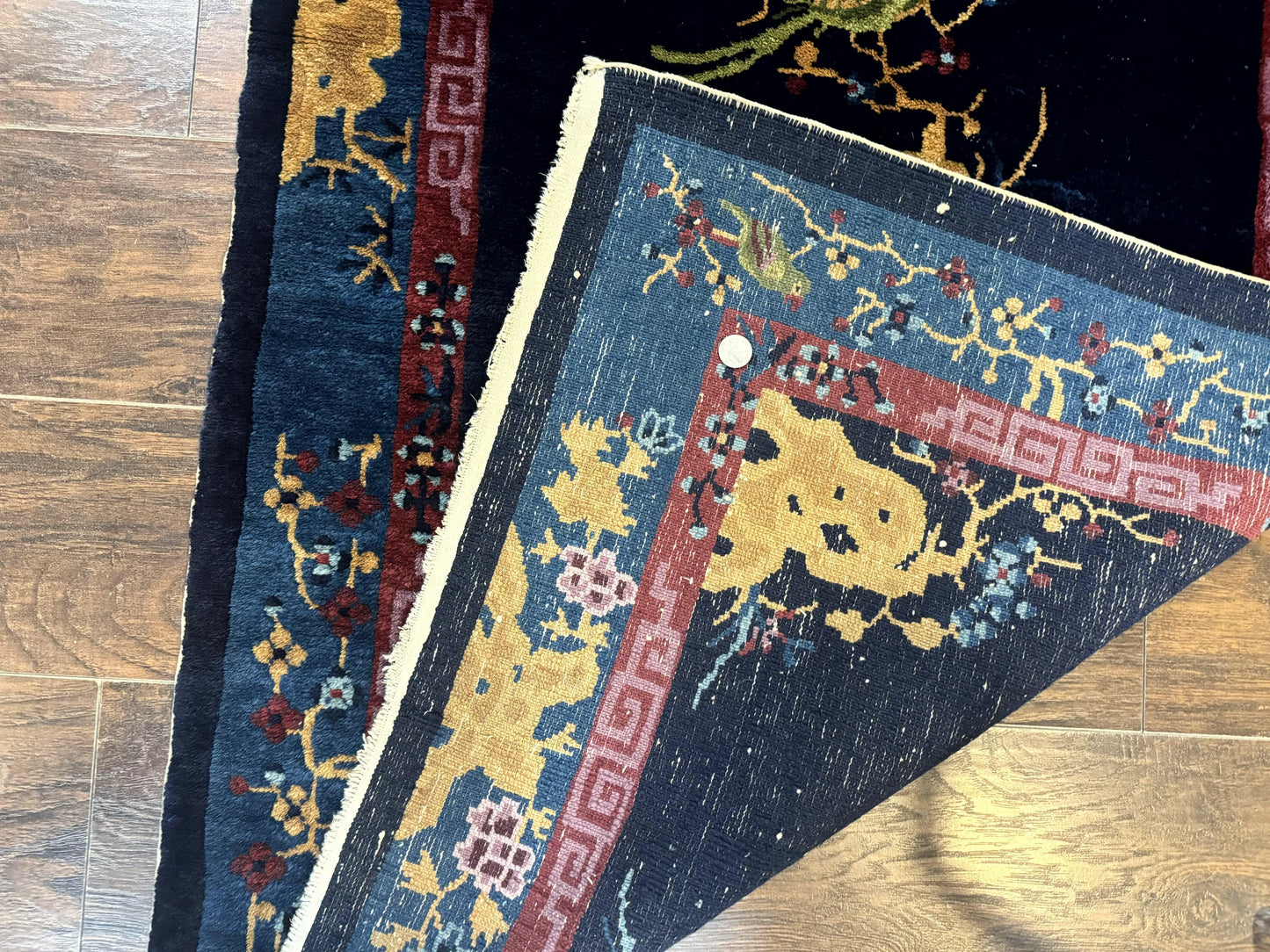 Antique Chinese Peking Rug 3x6 Handmade Wool Bird Motif Dark Blue Oriental Carpet