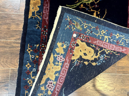 Antique Chinese Peking Rug 3x6 Handmade Wool Bird Motif Dark Blue Oriental Carpet