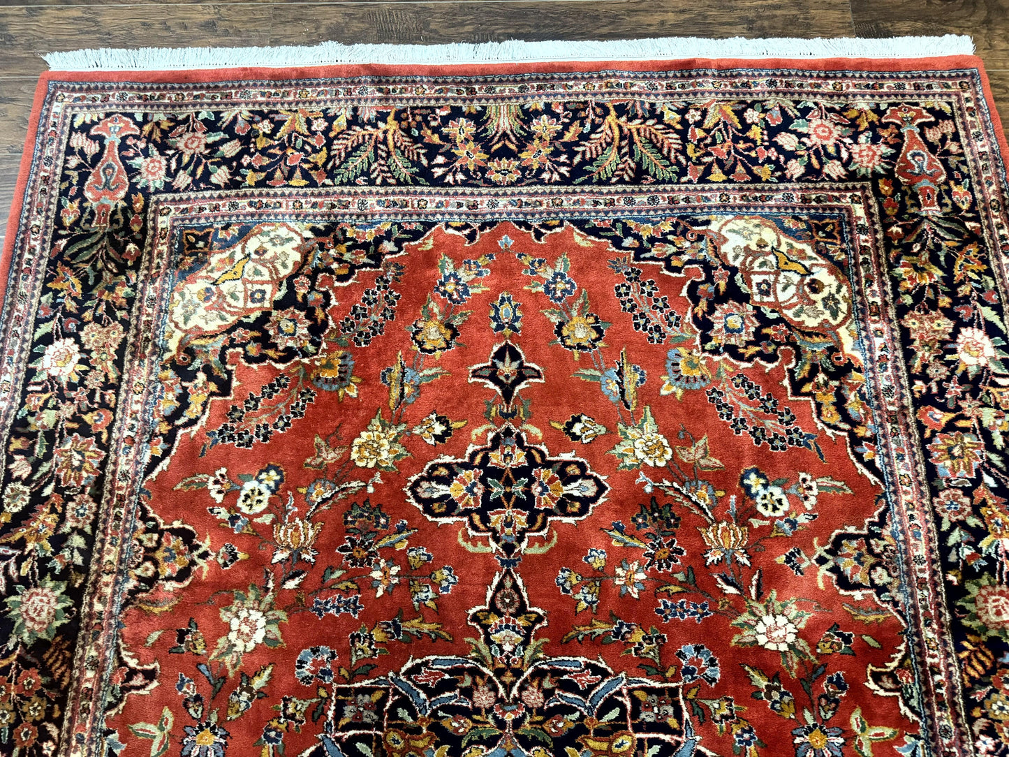 Indo Persian Rug 7x10 Vintage Handmade Wool Carpet Floral Medallion Red And Midnight Blue