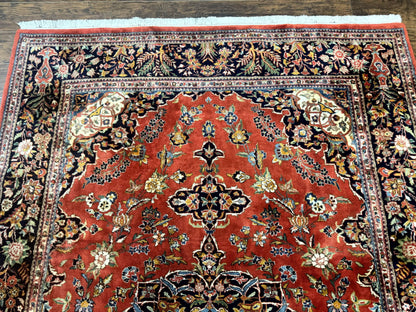 Indo Persian Rug 7x10 Vintage Handmade Wool Carpet Floral Medallion Red And Midnight Blue