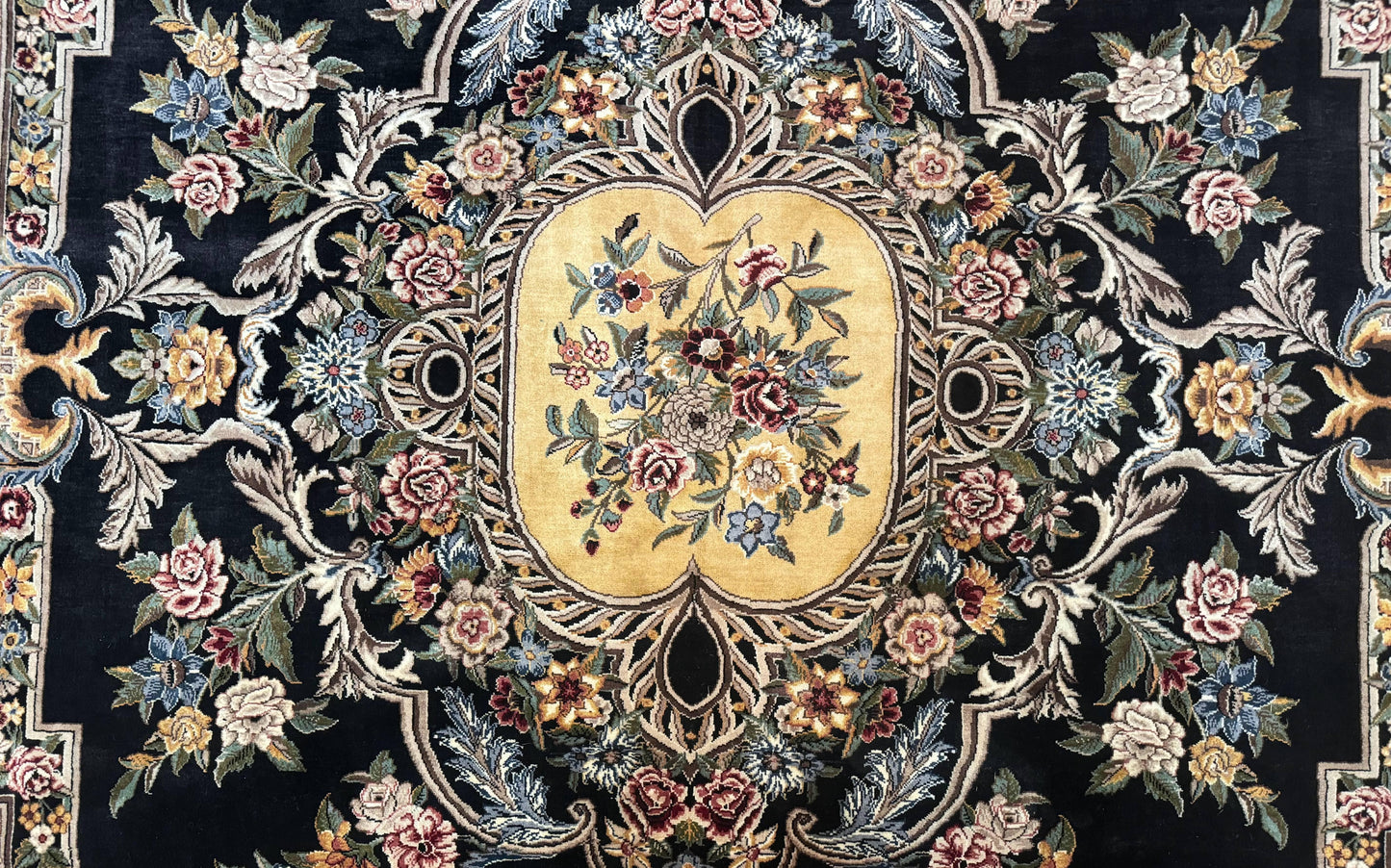 Aubusson Rug 9x12 Black And Beige Floral Elegant Handmade Carpet