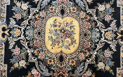 Aubusson Rug 9x12 Black And Beige Floral Elegant Handmade Carpet