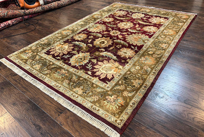 Indo Mahal Rug 6x9, Large Flowers Allover, Maroon and Green, Handmade Wool Area Rug, Vintage Rug, Indian Oriental Carpet, Hand Knotted Rug