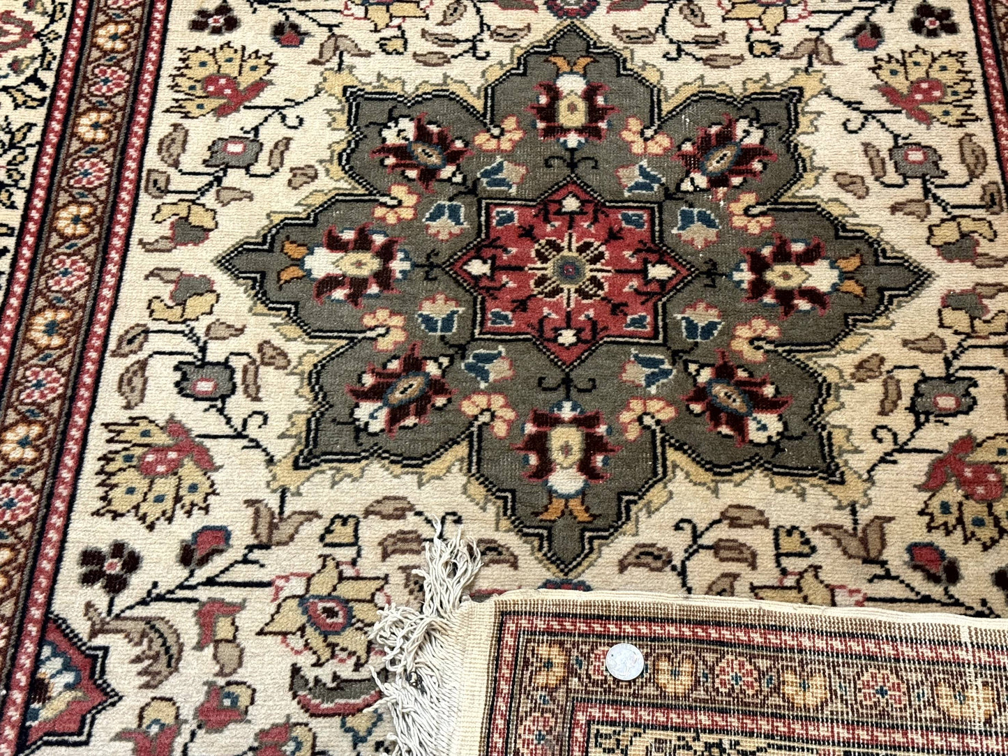 Turkish Sivas Rug 4x6, Floral Medallion, Beige Pink-Red Green, Handmade
