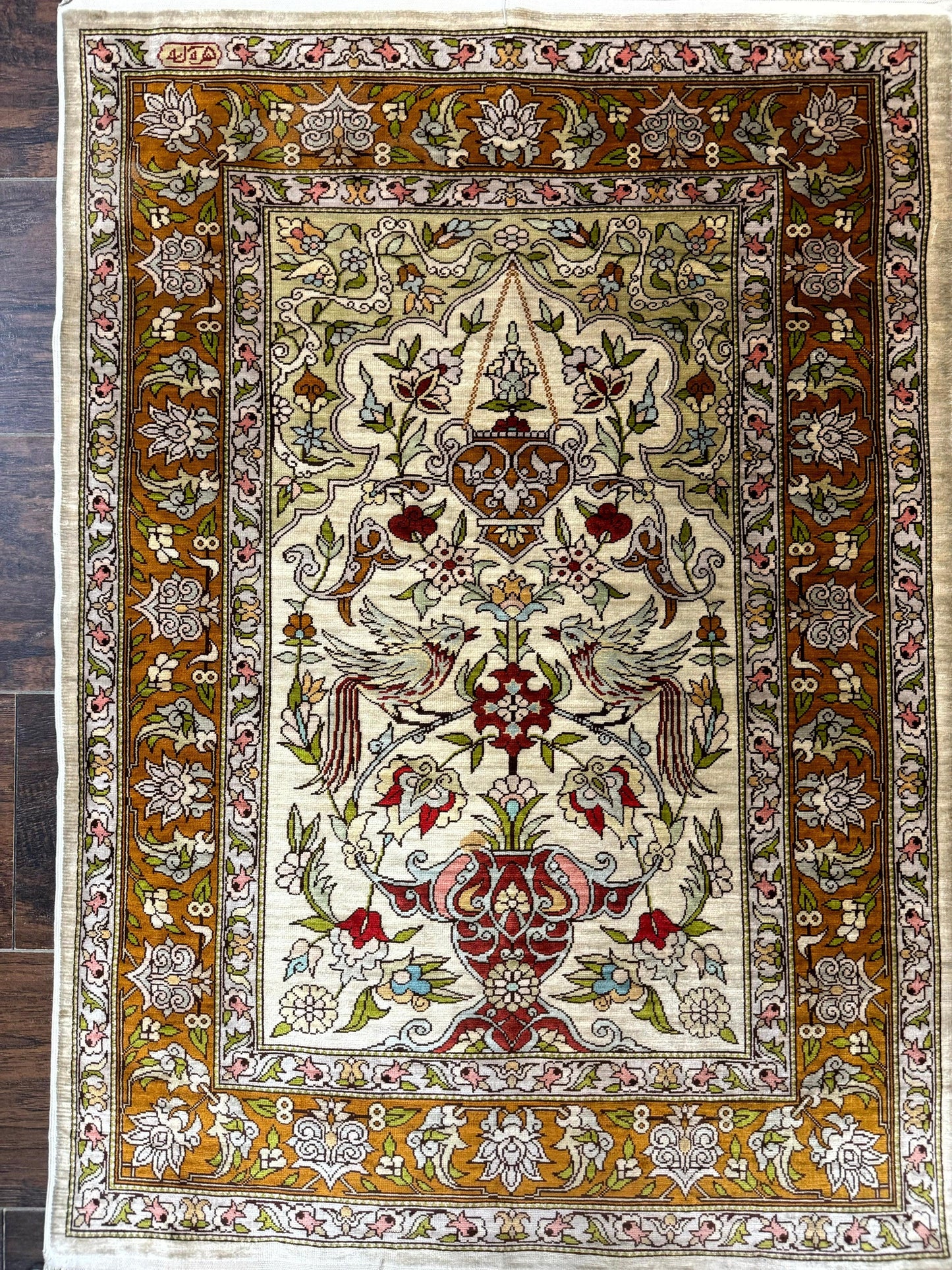 Hereke Silk Rug 2x3 Birds Lantern Very Fine 400 KPSI Hand Knotted Signed Masterweaver