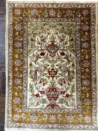 Hereke Silk Rug 2x3 Birds Lantern Very Fine 400 KPSI Hand Knotted Signed Masterweaver