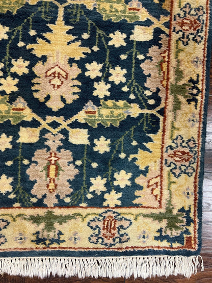 Indian Runner Rug 2.6 x 12, Navy Blue Beige Oriental Runner Rug 12ft Long, Narrow Hallway Runner, Wool Hand Knotted Indo Persian Mahal Rug