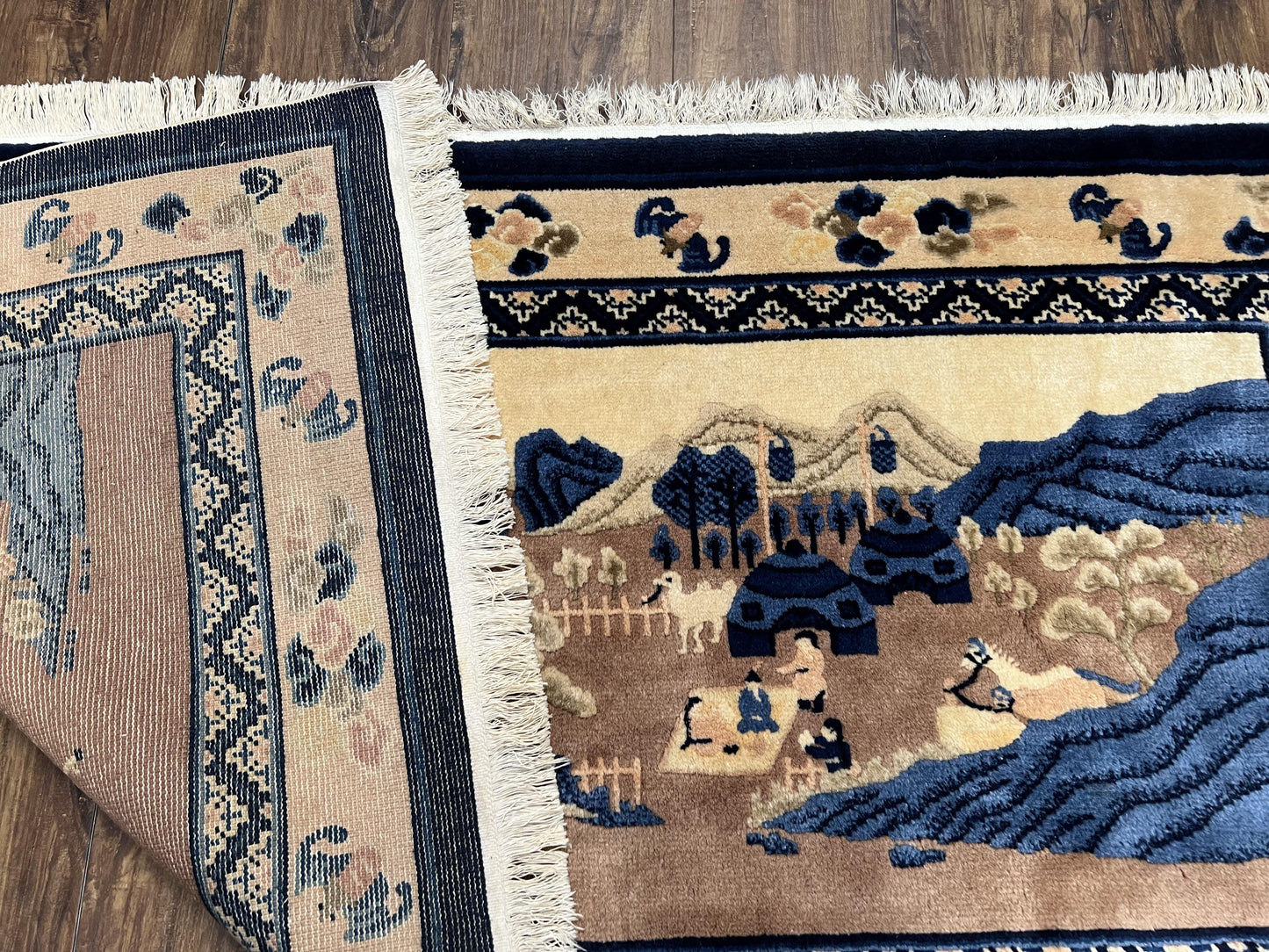 Chinese Pictorial Rug Antique Handmade 2.7x5 Village and Hills Beige Blue Wall Hanging Tapestry