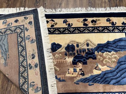 Chinese Pictorial Rug Antique Handmade 2.7x5 Village and Hills Beige Blue Wall Hanging Tapestry