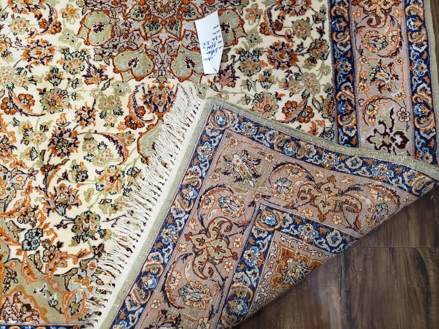 Premium Persian Isfahan Lachak Toranj Rug Hand Knotted Kork Wool On Silk Beige And Dark Blue 3 Ft 6 In By 5 Ft 4 In