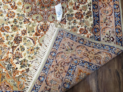 Premium Persian Isfahan Lachak Toranj Rug Hand Knotted Kork Wool On Silk Beige And Dark Blue 3 Ft 6 In By 5 Ft 4 In