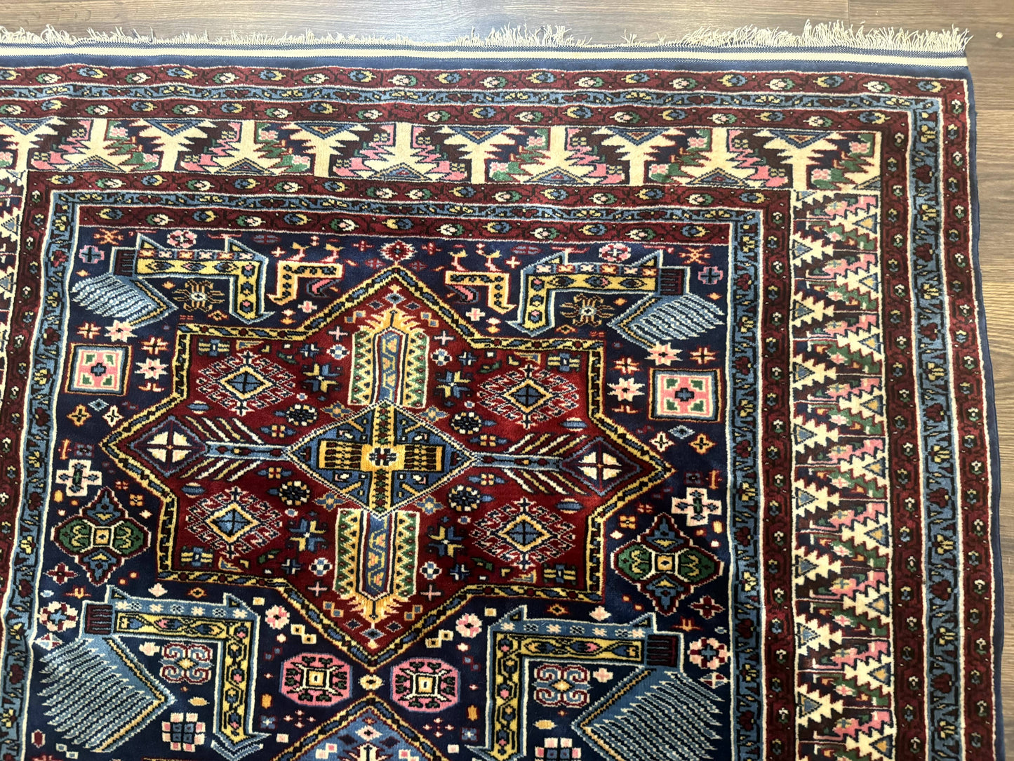 Indian Rug with Caucasian Design, 4x6 Geometric Carpet, Navy Blue and Cream