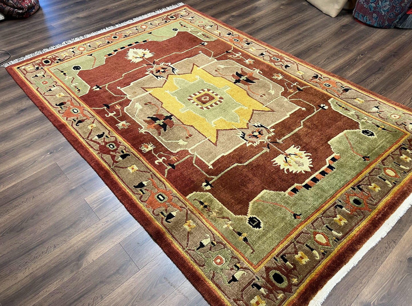 Tibetan Rug 7x10, Geometric Medallion, Red Green Taupe, Hand Knotted, Soft Wool Area Rug, Contemporary Carpet, Handmade Nepali Rug 7 x 10 ft