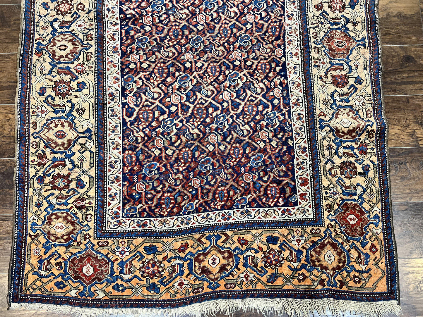 Persian Senneh Rug 4x8 Wool Hand Knotted Antique Kurdish Carpet Navy Blue Oriental Area Rug