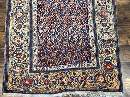 Persian Senneh Rug 4x8 Wool Hand Knotted Antique Kurdish Carpet Navy Blue Oriental Area Rug