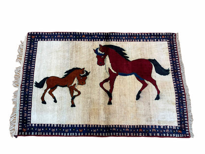 Handmade Wool Pictorial Horse Rug Hand Knotted 3.5 By 5 Brown