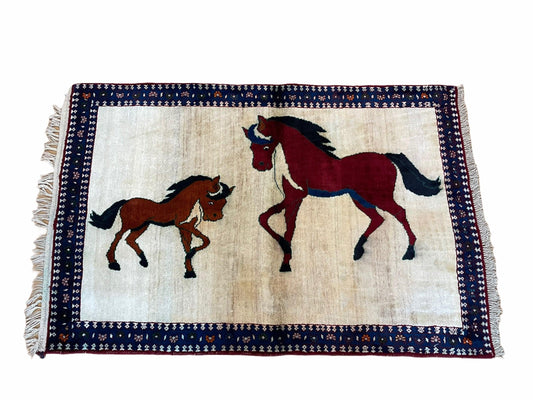 Handmade Wool Pictorial Horse Rug Hand Knotted 3.5 By 5 Brown