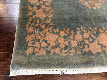 Teal Chinese Wool Rug 6x8, Vintage Handmade Carpet, Floral, Semi Open Field
