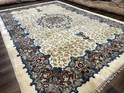 Persian Kashan Rug Hand Knotted Wool 9 X 12.6 Ivory And Blue Floral Medallion Semi Antique Carpet