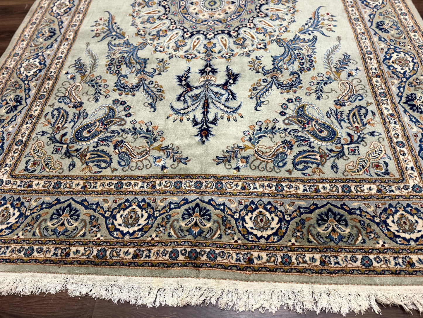 Persian Kashan Rug 7x10 Handmade Wool Light Green Blue Vintage Carpet