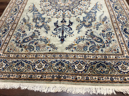 Persian Kashan Rug 7x10 Handmade Wool Light Green Blue Vintage Carpet