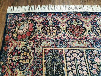 Persian Rug 10x15 Hand Knotted Wool Carpet Vintage Kirman Yazd Floral Dark Blue Beige